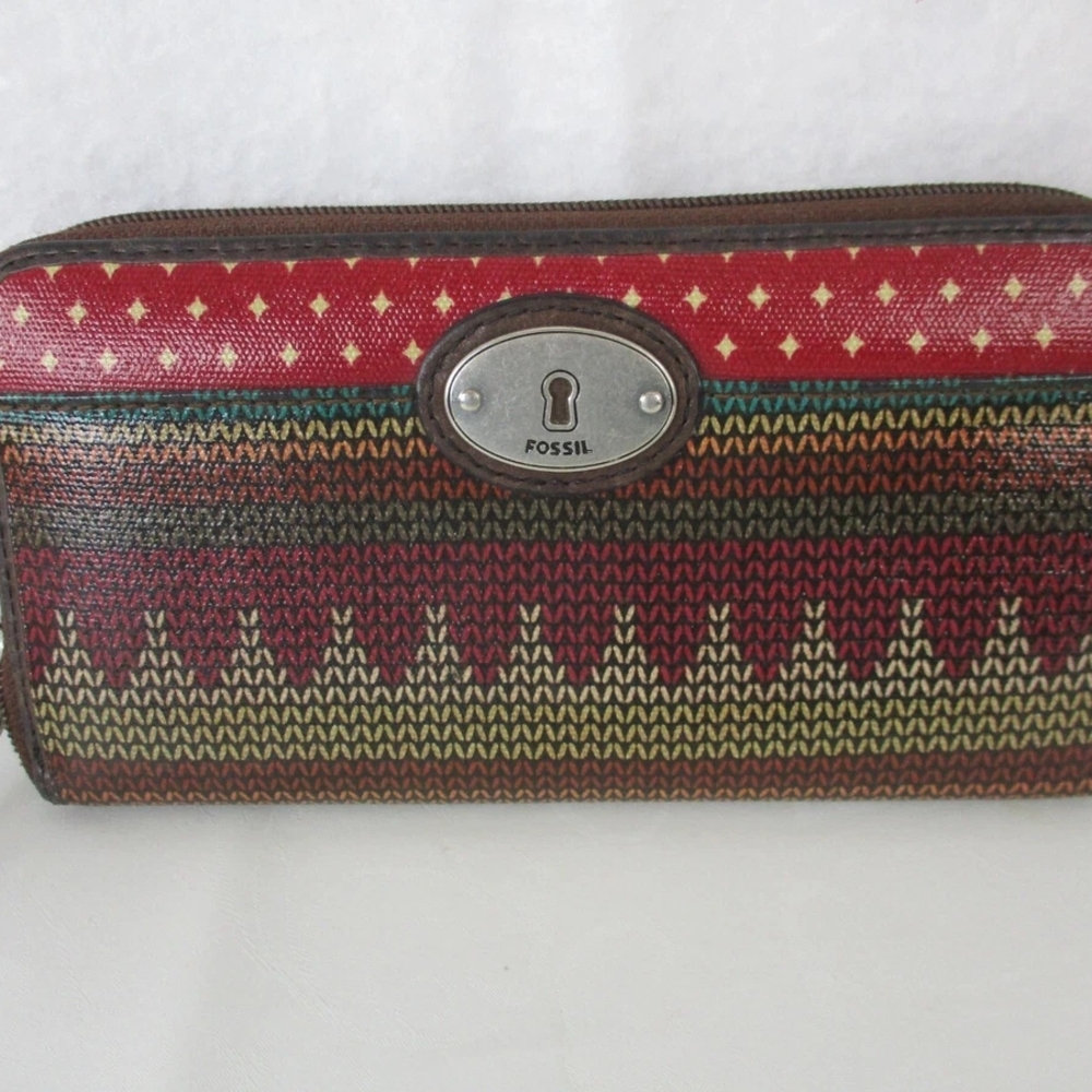 Fossil Key-Per 90's / Y2k Zip Around Clutch Wallet Coated Canvas Retro Organizer